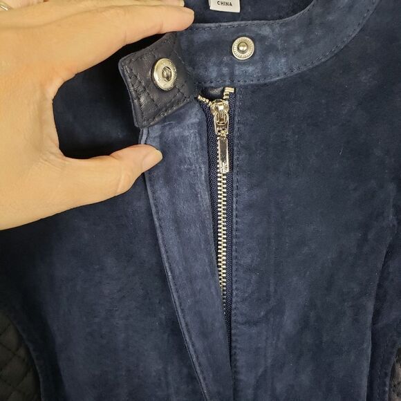 Isaac Mizrahi Live Women's Navy Blue Suede Moto Leather Quilted Zip Up Jacket 4 - Picture 11 of 14